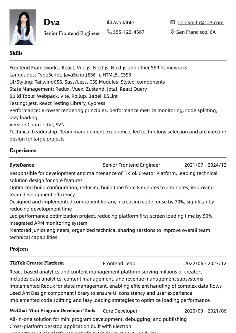 Example resume in the Classic template